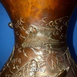 22 (56cm) Huge Meiji Antique Japanese Bronze Vase with 3-D Bird Floral