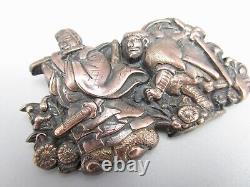 3 Japanese Meiji Shibuichi & Sterling Menuki Obidome Figural Brooch Pin