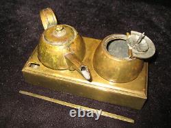 ANTIQUE JAPANESE EDO/MEIJI ERA 1800's BRONZE OIL LAMP & OIL POT with WARMING TRAY