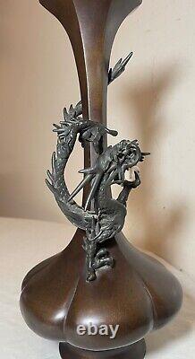 Antique 19th century Japanese Genryusai Seiya dragon bronze Meiji vase statue