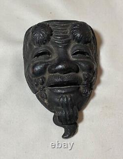 Antique 19th century solid bronze Japanese Meiji signed Noh mask wall sculpture