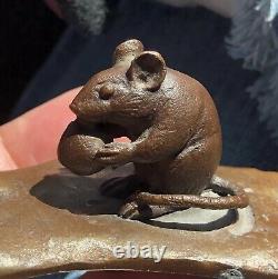 Antique 6 Japanese Bronze Paperweight With Mouse Eating Acorn Meiji Period