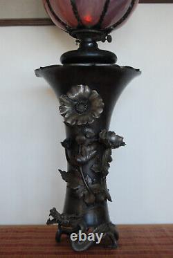 Antique Art Nouveau Japanese Cninese Meiji Bronze Slag Glas Shade Kerosene Lamp