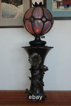 Antique Art Nouveau Japanese Cninese Meiji Bronze Slag Glas Shade Kerosene Lamp