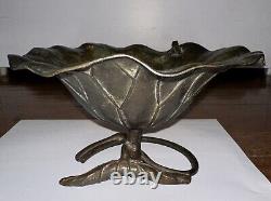 Antique Bronze Lotus Leaf Bowl with perched Frog Japanese Art Nouveau Meiji Era