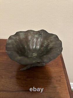 Antique Bronze Lotus Leaf Bowl with perched Frog Japanese Art Nouveau Meiji Era