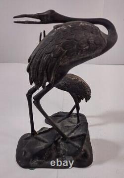 Antique Early 20th Century Japanese Meiji Style Bronze Sculpture Pair Of Cranes