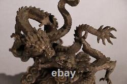 Antique Japanese Bronze Dragons Holding A Crystal Statue 20.7inch Meiji Era 19th