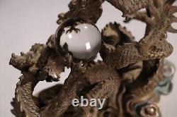 Antique Japanese Bronze Dragons Holding A Crystal Statue 20.7inch Meiji Era 19th