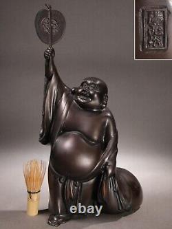 Antique Japanese Bronze Hotei Statue Lucky God Signed Yosuke Meiji Era