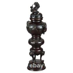 Antique Japanese Bronze Meiji Footed Censer with Figural Foo Dogs & Birds, 1900