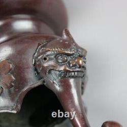 Antique Japanese Bronze Meiji Footed Censer with Figural Foo Dogs & Birds, 1900