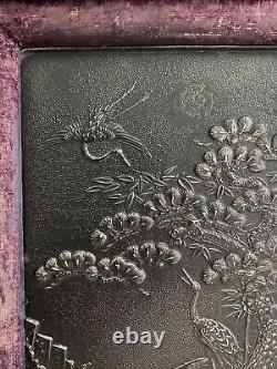 Antique Japanese Bronze Plaque Tile Painting Meiji Period Rare Imperial Crane