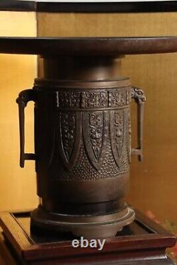 Antique Japanese Bronze Usubata Bonsai Ikebana Vase Wooden Stand Meiji Period