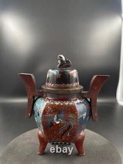 Antique Japanese Cloisonné Koro Incense Burner Censer, Polychrome enamel Meiji