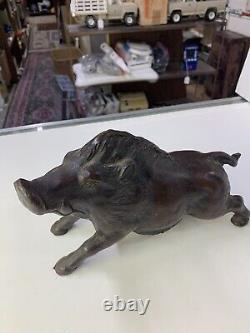 Antique Japanese Large Bronze Wild Boar Statue, Dark Brown Patina Read Listing