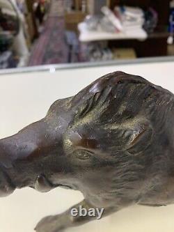 Antique Japanese Large Bronze Wild Boar Statue, Dark Brown Patina Read Listing