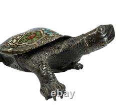 Antique Japanese Meiji Bronze Cloisonne Champleve Figural Turtle Box Signed Rare