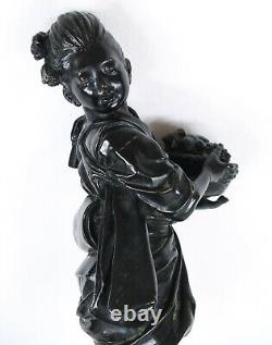 Antique Japanese Meiji Bronze Sculpture Japanese Geisha with Basket of a Clams