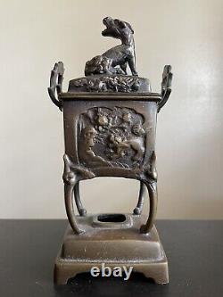 Antique Japanese Meiji Bronze Shi Shi Foo Dog Dragon Koro Censer Incense Burner