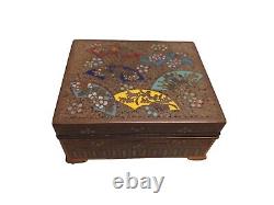 Antique Japanese Meiji Era Cloisonne Bronze Footed Trinket Box Six Fans Design