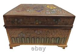 Antique Japanese Meiji Era Cloisonne Bronze Footed Trinket Box Six Fans Design