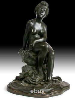 Antique Japanese Meiji Nude Bather Girl Okazaki Sessei Bronze Okimono Statue