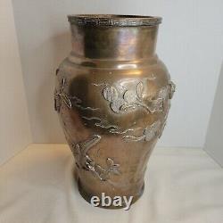 Antique Japanese Meiji Period Bronze Vase Raised Relief Floral & Birds