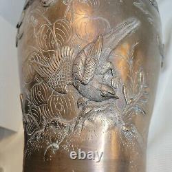 Antique Japanese Meiji Period Bronze Vase Raised Relief Floral & Birds