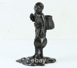 Antique Japanese Meiji Period Bronze of an Old Man Carrying a Basket