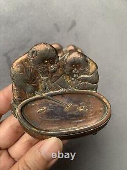 Antique Japanese Meiji bronze dish tray monkeys set of two fishing rare