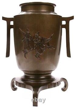 Antique Large Signed Japanese Meiji Per. Bronze Vase Samurai on Horseback Horse