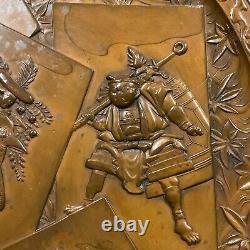 Antique Late 19th C. Japanese Meiji Period Signed Bronze Relief Wall Plaque