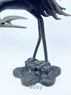 Antique Meiji Period 1800's Japanese Bronze Crane Figure Statue Signed