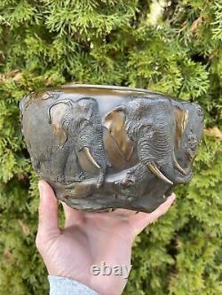 Antique Meiji Period Bronze Vase Bowl Lions Attacking Elephants Japanese Signed