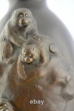 Antique Meiji-Period Japanese Bronze Monkey Shakudo vase attrib. Genryusai Seiya