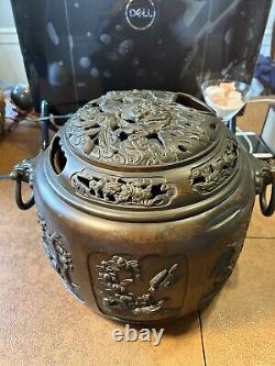 Antique Signed Japanese Bronze Censer Meiji Period Incense Burner