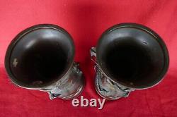 Antique matching pair Meiji Japanese bronze vases with applied dragon 11.5 inch