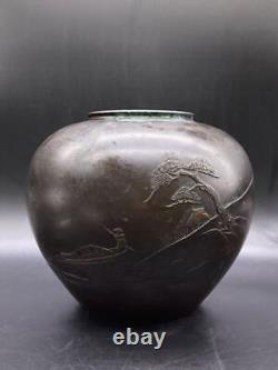 BOAT SHIP Bronze Engraving VASE 9.4 inch MEIJI Japanese Antique Old Metal Art