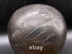 BOAT SHIP Bronze Engraving VASE 9.4 inch MEIJI Japanese Antique Old Metal Art