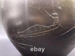 BOAT SHIP Bronze Engraving VASE 9.4 inch MEIJI Japanese Antique Old Metal Art