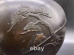 BOAT SHIP Bronze Engraving VASE 9.4 inch MEIJI Japanese Antique Old Metal Art