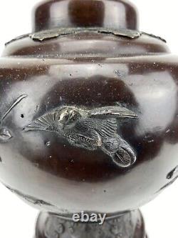 Bronze Dragon Birds Insects Antique Meiji Period Vase Japanese High Relief