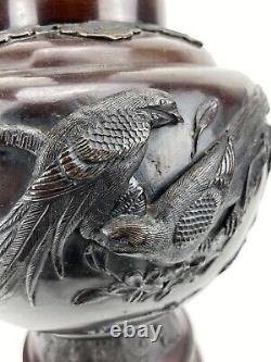 Bronze Dragon Birds Insects Antique Meiji Period Vase Japanese High Relief