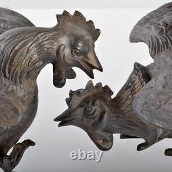 CHICKEN BIRD Bronze Statue Set MEIJI Era Japanese Antique Old Metal Figurine Art