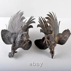 CHICKEN BIRD Bronze Statue Set MEIJI Era Japanese Antique Old Metal Figurine Art