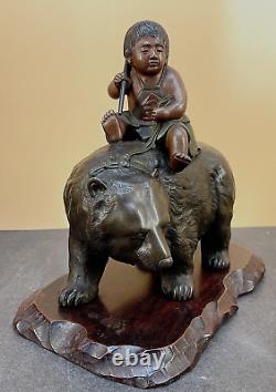 Fine Japanese Meiji Bronze Okimono Kintaro Boy on Bear