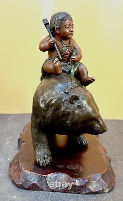 Fine Japanese Meiji Bronze Okimono Kintaro Boy on Bear