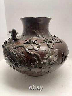 Giant Antique Japanese Meiji Period Bronze Vase With Raised Birds & Florals