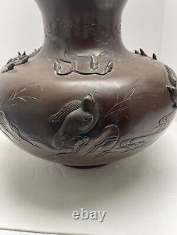 Giant Antique Japanese Meiji Period Bronze Vase With Raised Birds & Florals